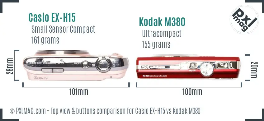 Casio EX-H15 vs Kodak M380 top view buttons comparison