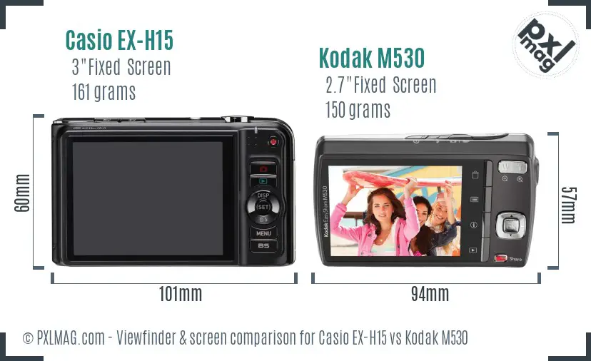 Casio EX-H15 vs Kodak M530 Screen and Viewfinder comparison