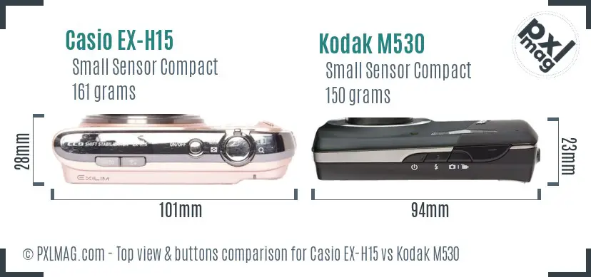 Casio EX-H15 vs Kodak M530 top view buttons comparison