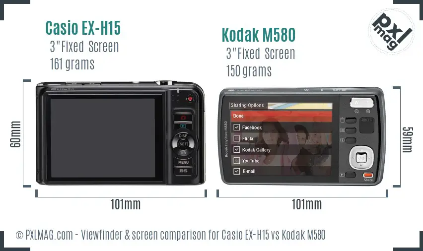 Casio EX-H15 vs Kodak M580 Screen and Viewfinder comparison