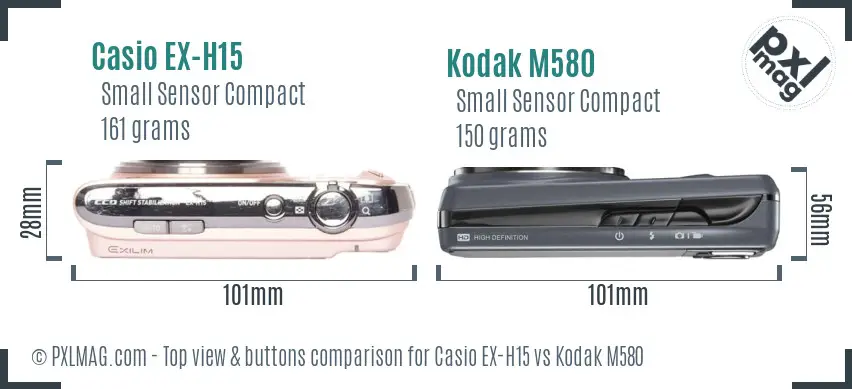 Casio EX-H15 vs Kodak M580 top view buttons comparison