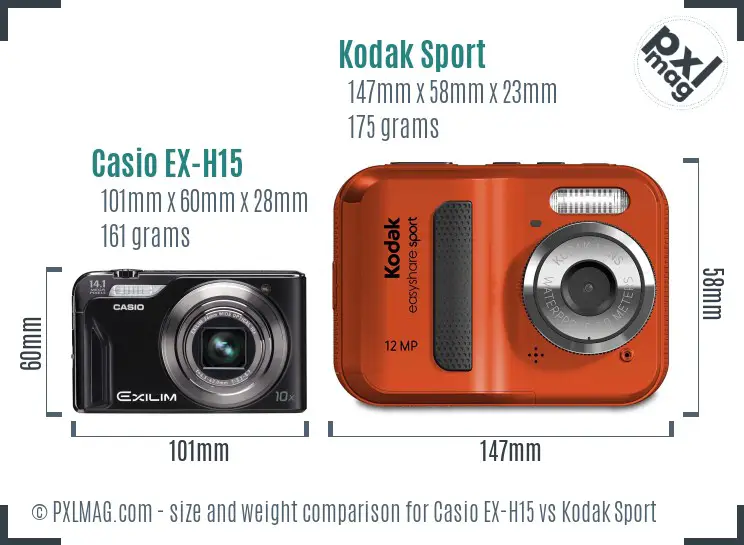 Casio EX-H15 vs Kodak Sport size comparison