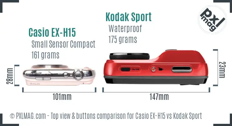 Casio EX-H15 vs Kodak Sport top view buttons comparison