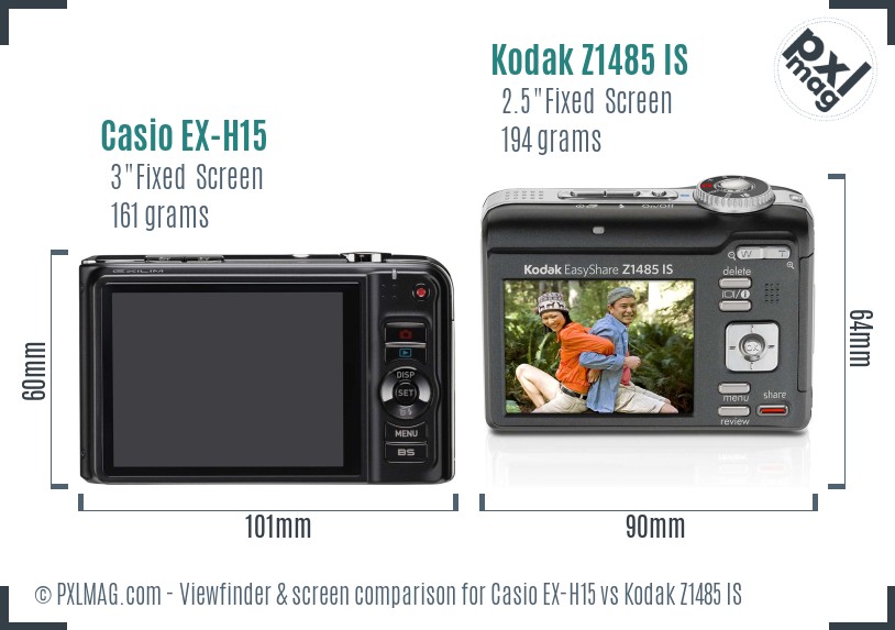 Casio EX-H15 vs Kodak Z1485 IS Screen and Viewfinder comparison