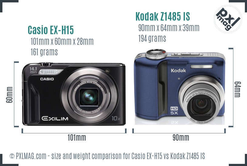 Casio EX-H15 vs Kodak Z1485 IS size comparison Casio EX-H15 vs Kodak Z1485 IS size comparison