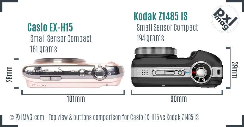 Casio EX-H15 vs Kodak Z1485 IS top view buttons comparison