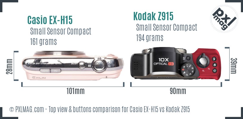 Casio EX-H15 vs Kodak Z915 top view buttons comparison