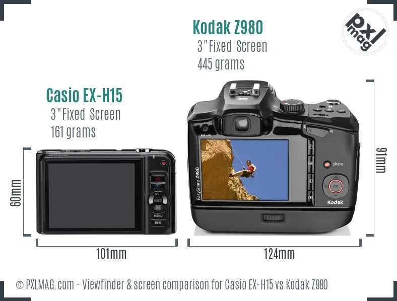 Casio EX-H15 vs Kodak Z980 Screen and Viewfinder comparison