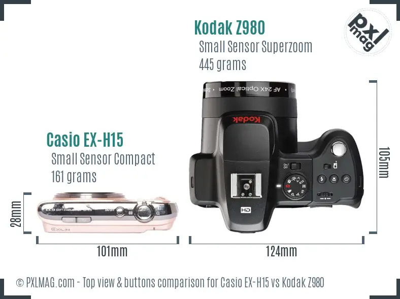 Casio EX-H15 vs Kodak Z980 top view buttons comparison