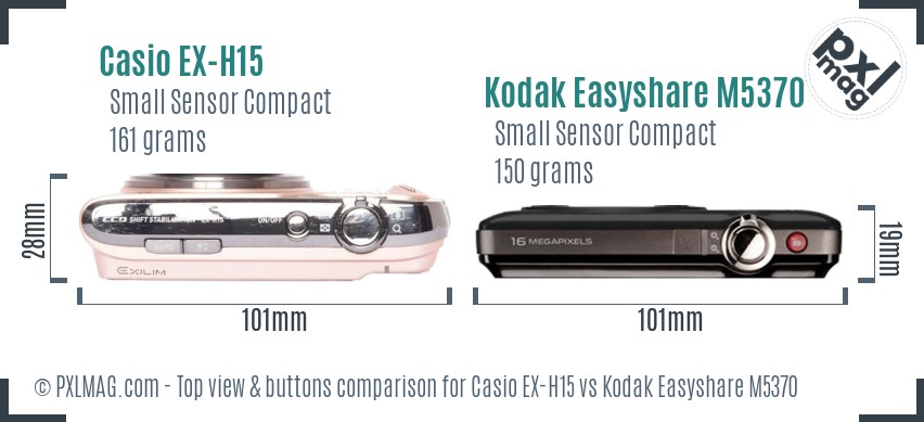 Casio EX-H15 vs Kodak Easyshare M5370 top view buttons comparison