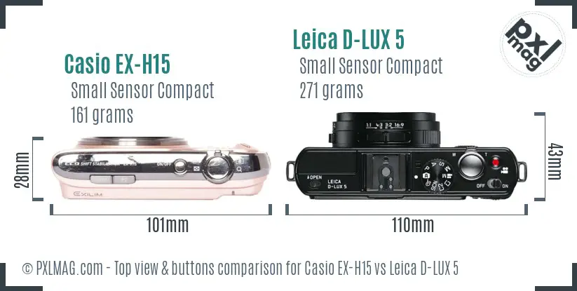 Casio EX-H15 vs Leica D-LUX 5 top view buttons comparison