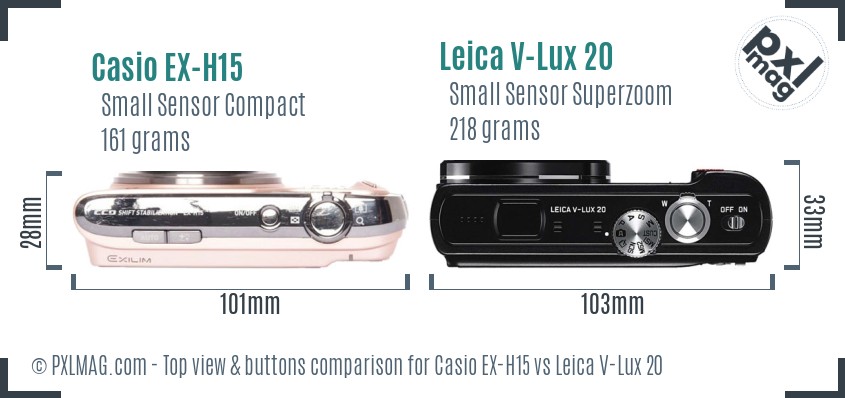 Casio EX-H15 vs Leica V-Lux 20 top view buttons comparison