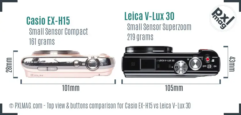 Casio EX-H15 vs Leica V-Lux 30 top view buttons comparison Casio EX-H15 vs Leica V-Lux 30 top view buttons comparison