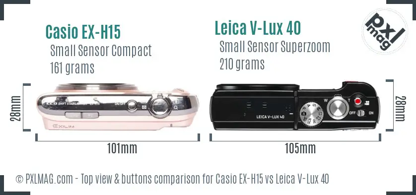 Casio EX-H15 vs Leica V-Lux 40 top view buttons comparison Casio EX-H15 vs Leica V-Lux 40 top view buttons comparison