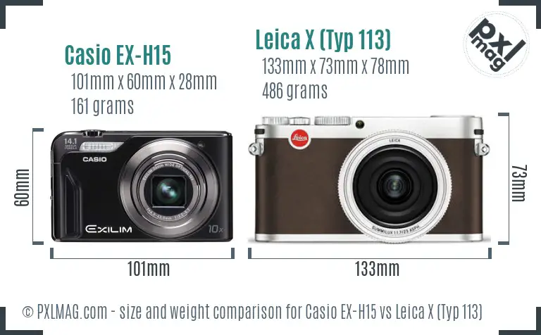 Casio EX-H15 vs Leica X (Typ 113) size comparison
