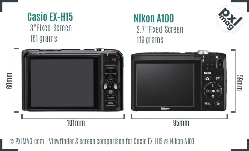 Casio EX-H15 vs Nikon A100 Screen and Viewfinder comparison