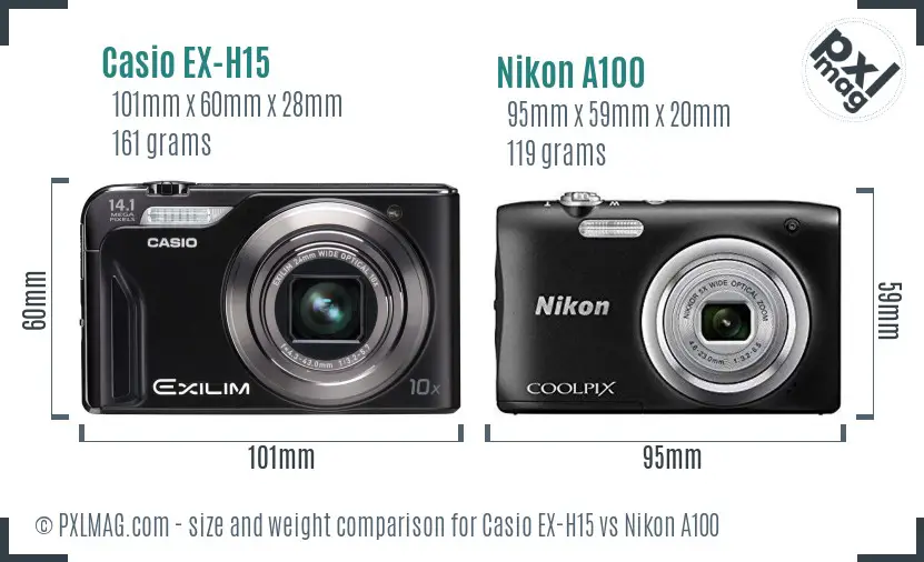 Casio EX-H15 vs Nikon A100 size comparison