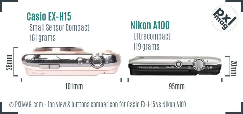 Casio EX-H15 vs Nikon A100 top view buttons comparison