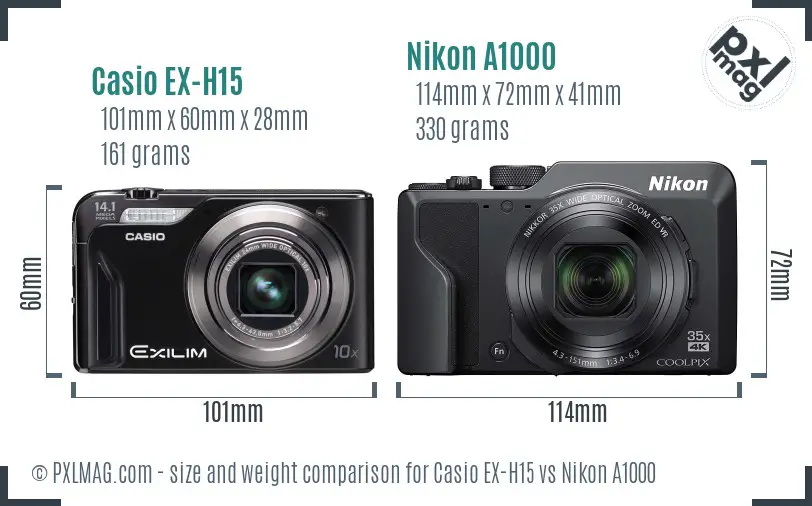 Casio EX-H15 vs Nikon A1000 size comparison Casio EX-H15 vs Nikon A1000 size comparison