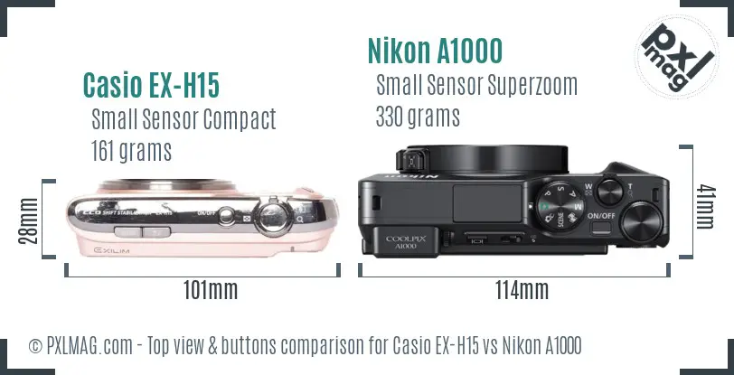 Casio EX-H15 vs Nikon A1000 top view buttons comparison Casio EX-H15 vs Nikon A1000 top view buttons comparison
