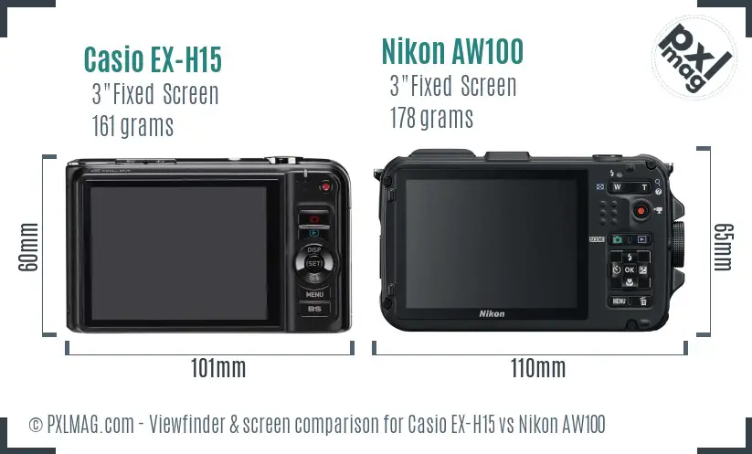 Casio EX-H15 vs Nikon AW100 Screen and Viewfinder comparison