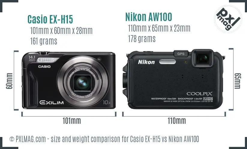 Casio EX-H15 vs Nikon AW100 size comparison