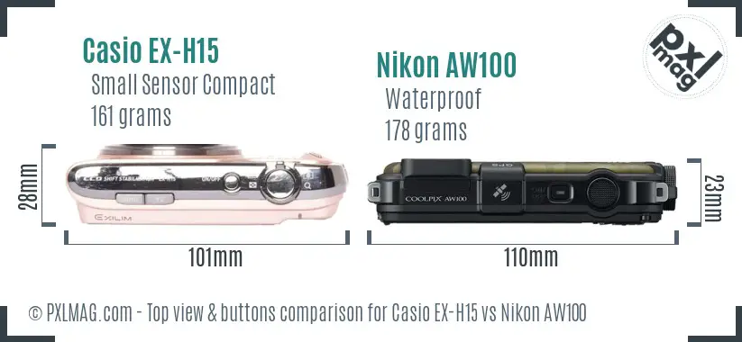 Casio EX-H15 vs Nikon AW100 top view buttons comparison