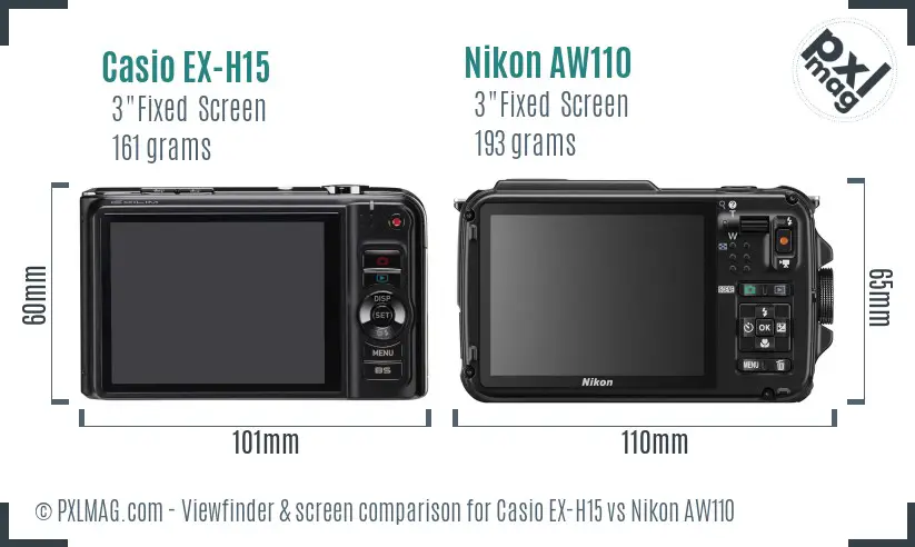 Casio EX-H15 vs Nikon AW110 Screen and Viewfinder comparison