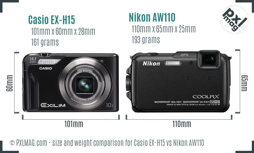 Casio EX-H15 vs Nikon AW110 size comparison