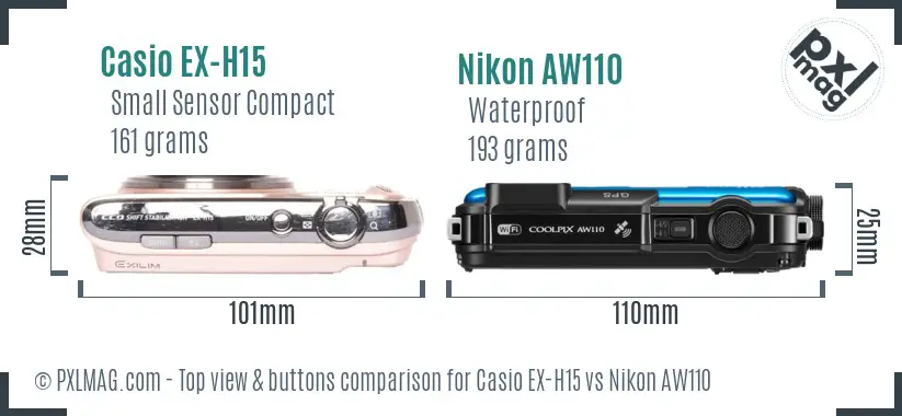 Casio EX-H15 vs Nikon AW110 top view buttons comparison