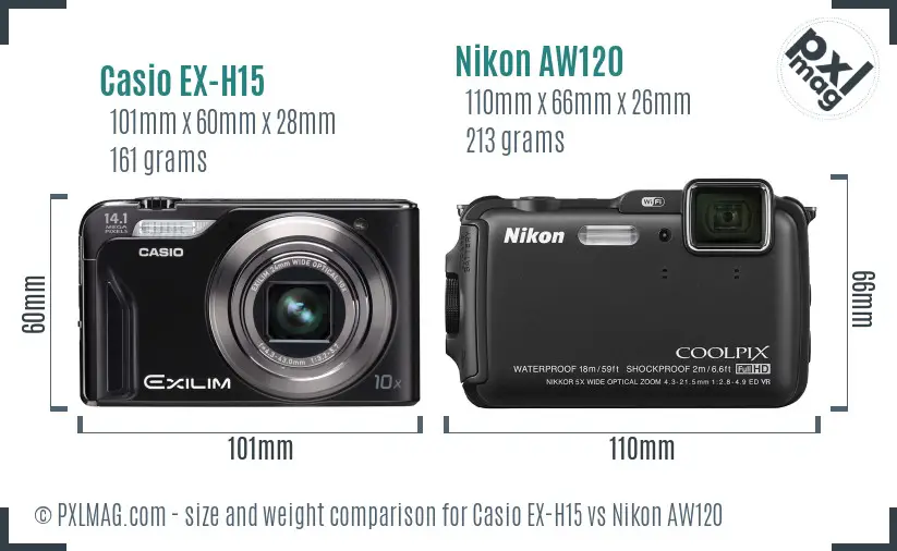 Casio EX-H15 vs Nikon AW120 size comparison