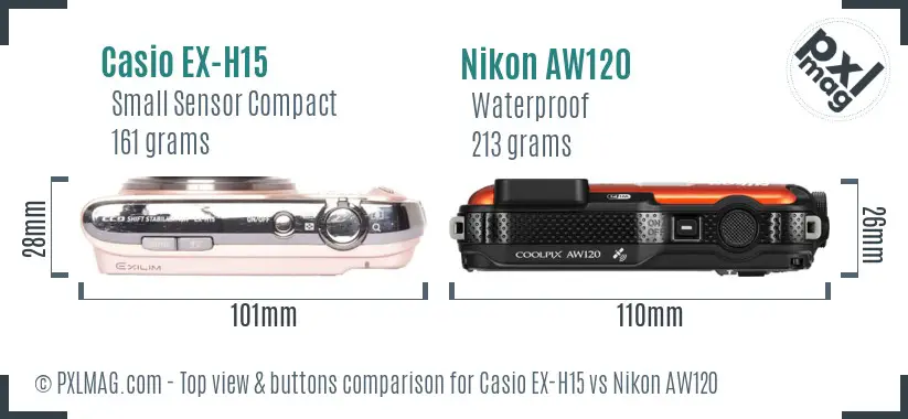 Casio EX-H15 vs Nikon AW120 top view buttons comparison