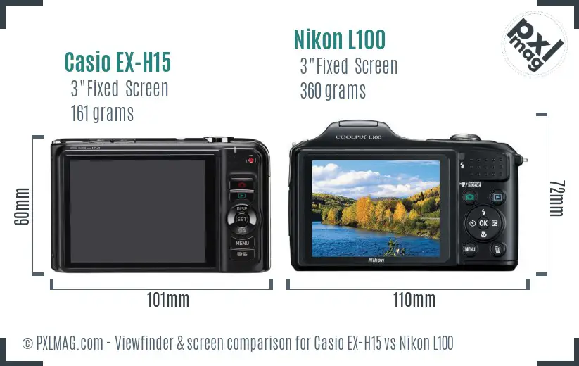 Casio EX-H15 vs Nikon L100 Screen and Viewfinder comparison