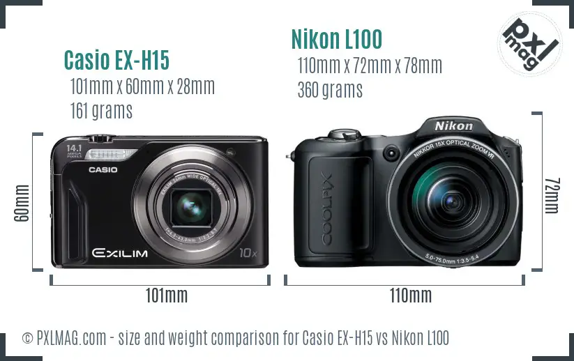 Casio EX-H15 vs Nikon L100 size comparison
