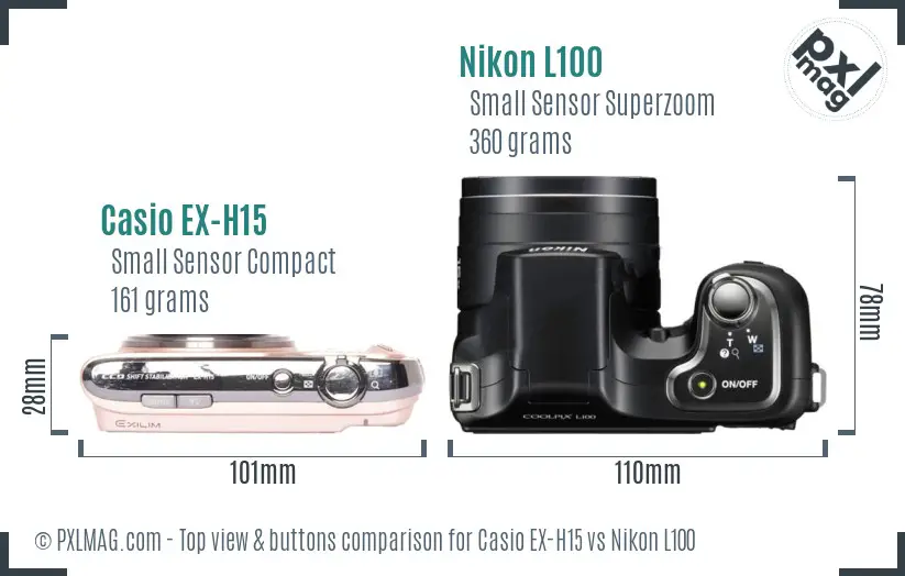 Casio EX-H15 vs Nikon L100 top view buttons comparison