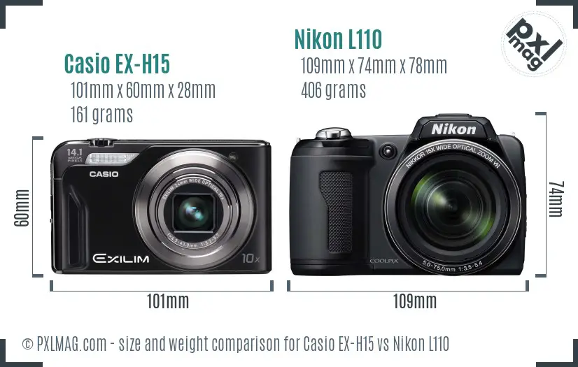 Casio EX-H15 vs Nikon L110 size comparison