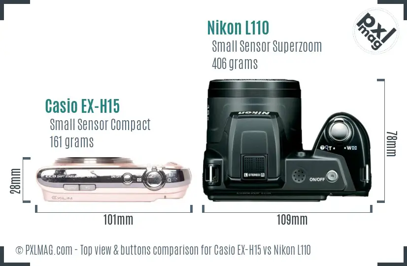 Casio EX-H15 vs Nikon L110 top view buttons comparison