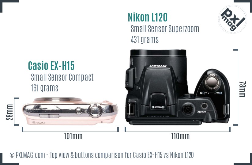 Casio EX-H15 vs Nikon L120 top view buttons comparison