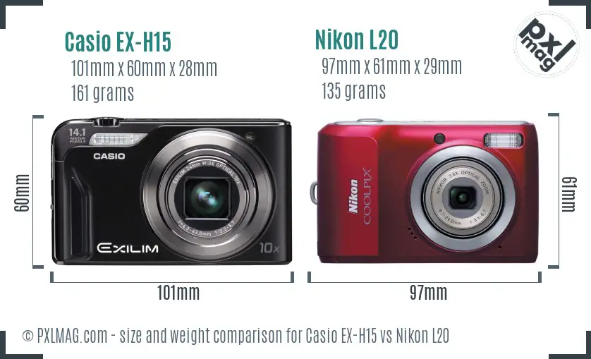 Casio EX-H15 vs Nikon L20 size comparison