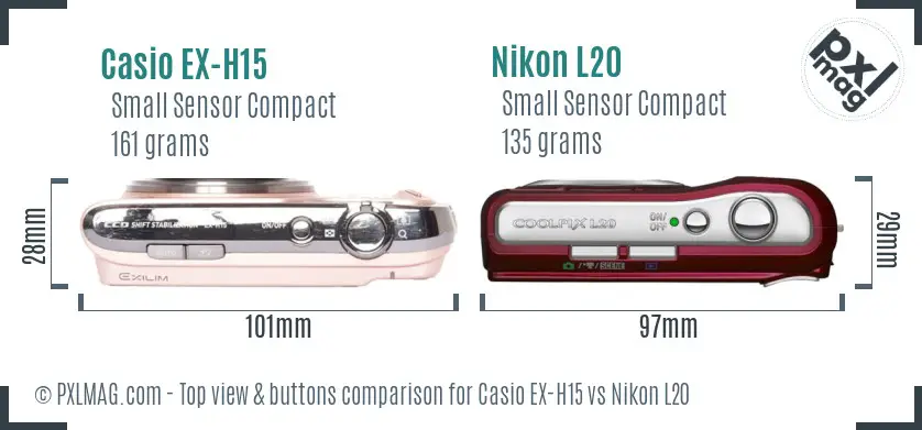 Casio EX-H15 vs Nikon L20 top view buttons comparison