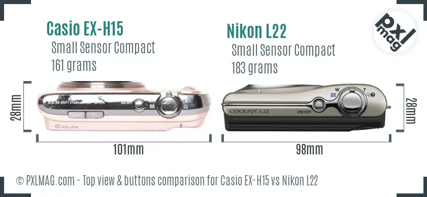 Casio EX-H15 vs Nikon L22 top view buttons comparison Casio EX-H15 vs Nikon L22 top view buttons comparison