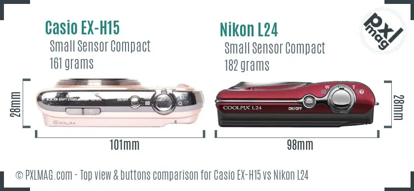 Casio EX-H15 vs Nikon L24 top view buttons comparison Casio EX-H15 vs Nikon L24 top view buttons comparison