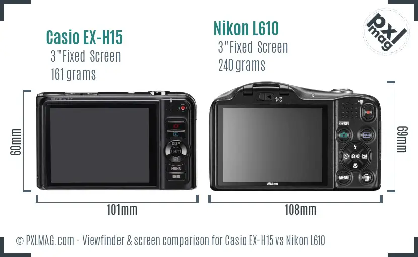 Casio EX-H15 vs Nikon L610 Screen and Viewfinder comparison