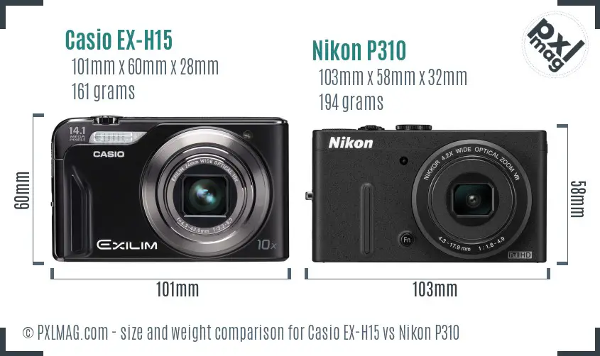 Casio EX-H15 vs Nikon P310 size comparison Casio EX-H15 vs Nikon P310 size comparison
