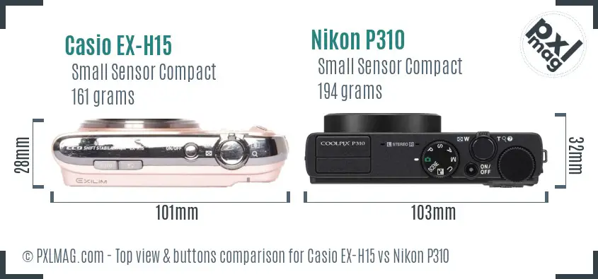 Casio EX-H15 vs Nikon P310 top view buttons comparison Casio EX-H15 vs Nikon P310 top view buttons comparison