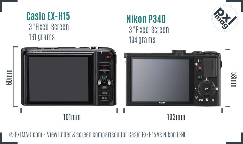 Casio EX-H15 vs Nikon P340 Screen and Viewfinder comparison