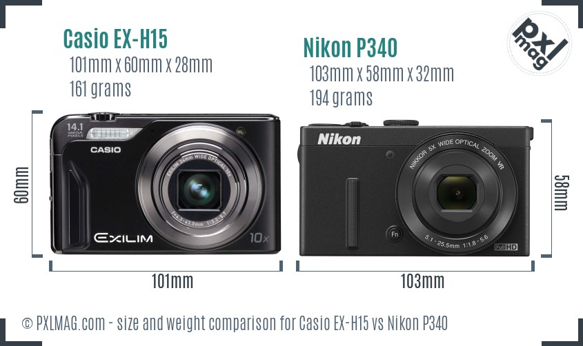 Casio EX-H15 vs Nikon P340 size comparison