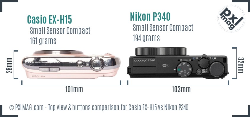 Casio EX-H15 vs Nikon P340 top view buttons comparison