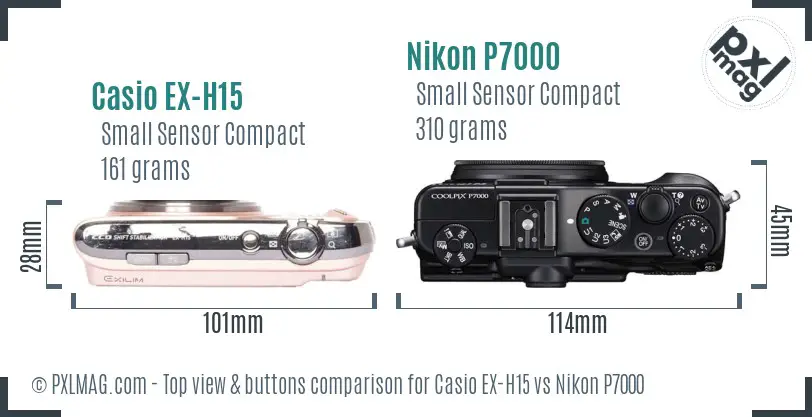 Casio EX-H15 vs Nikon P7000 top view buttons comparison