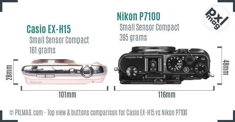 Casio EX-H15 vs Nikon P7100 top view buttons comparison